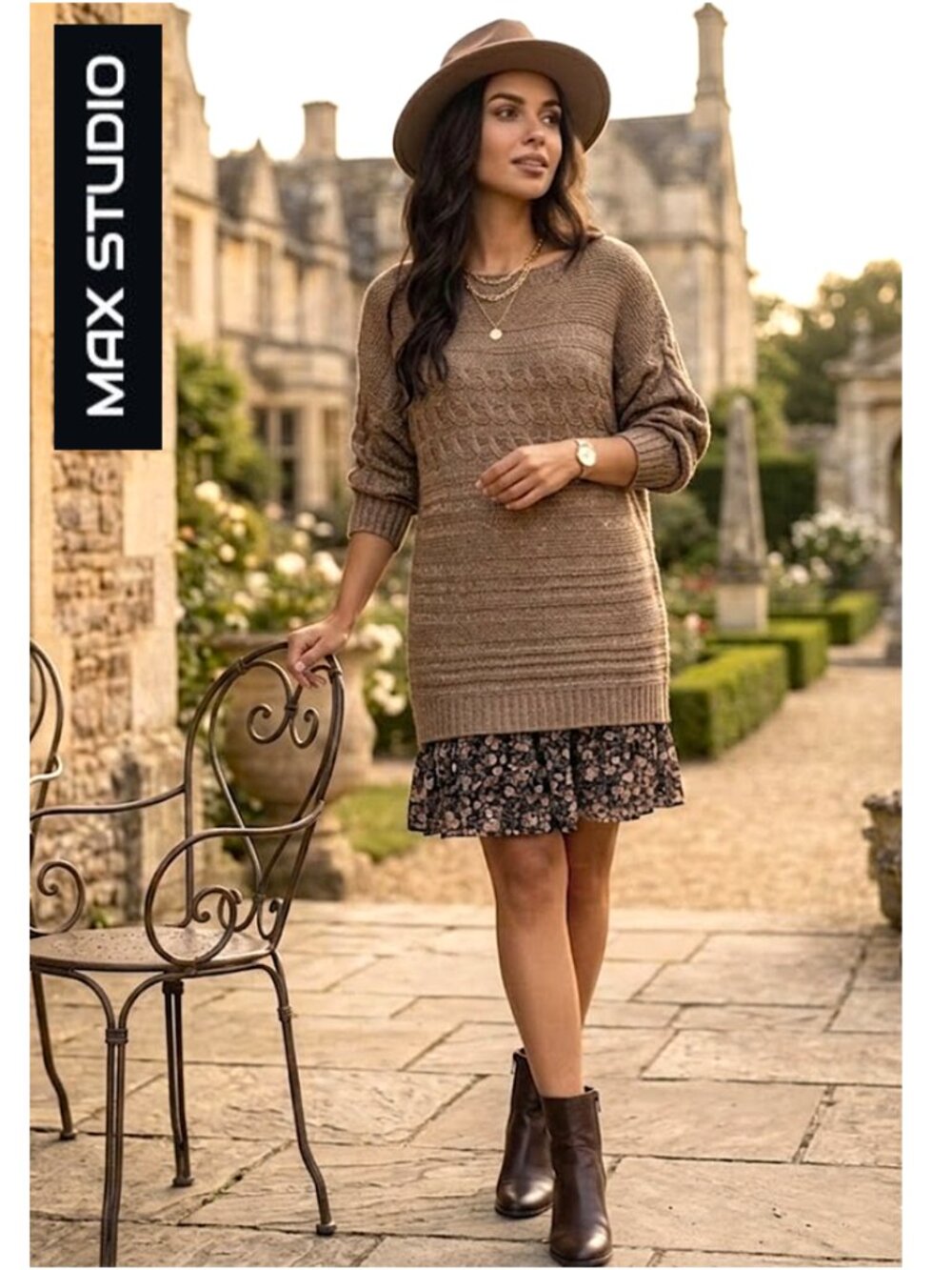 MAX STUDIO - Tan cable knit tunic sweater with metallic threading